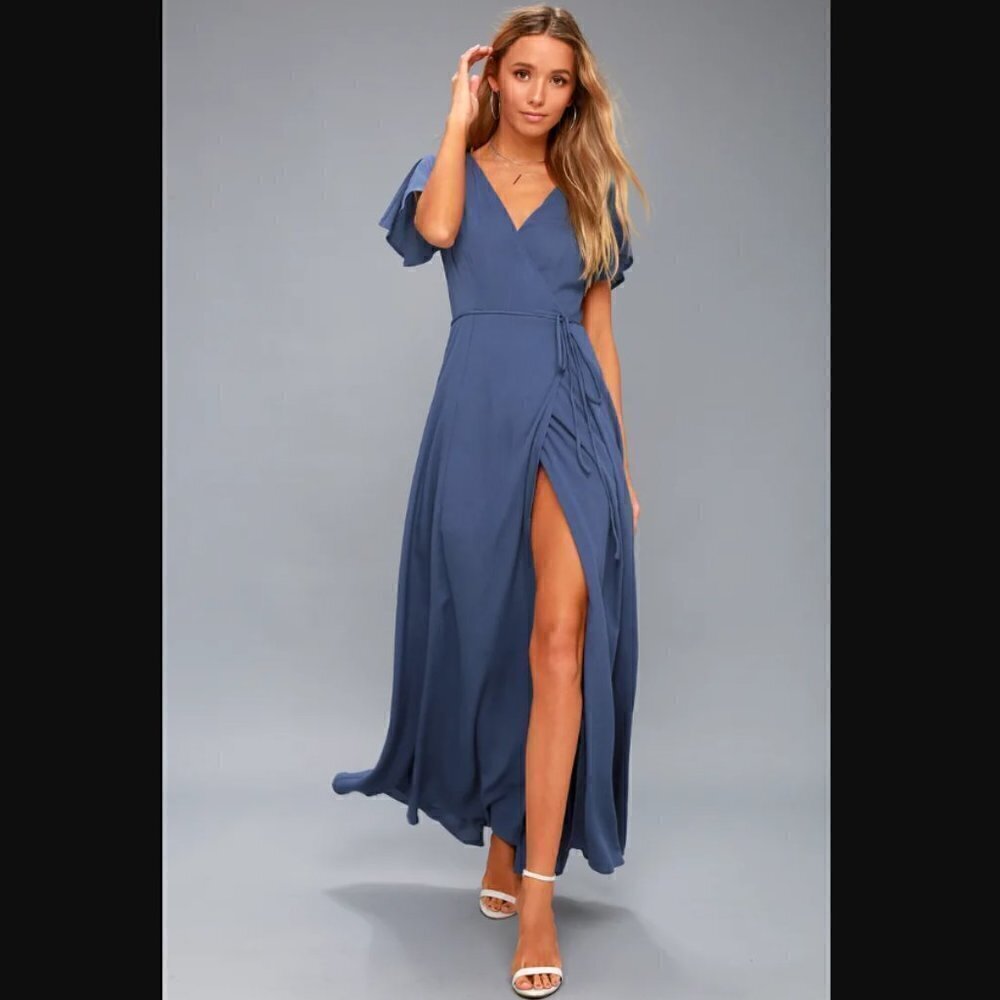 NWT Lulu's Denim Blue Wrap Slit Dress